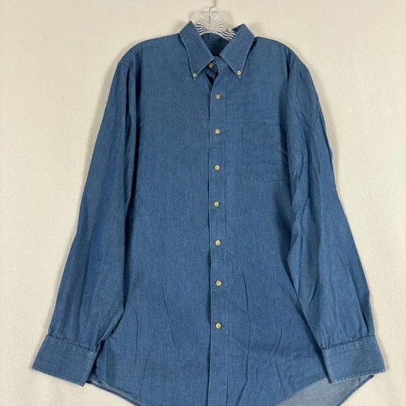 Lands’ End Button Down Denim Shirt Soft, Oxford Collar, Mid Blue - Picture 2 of 11